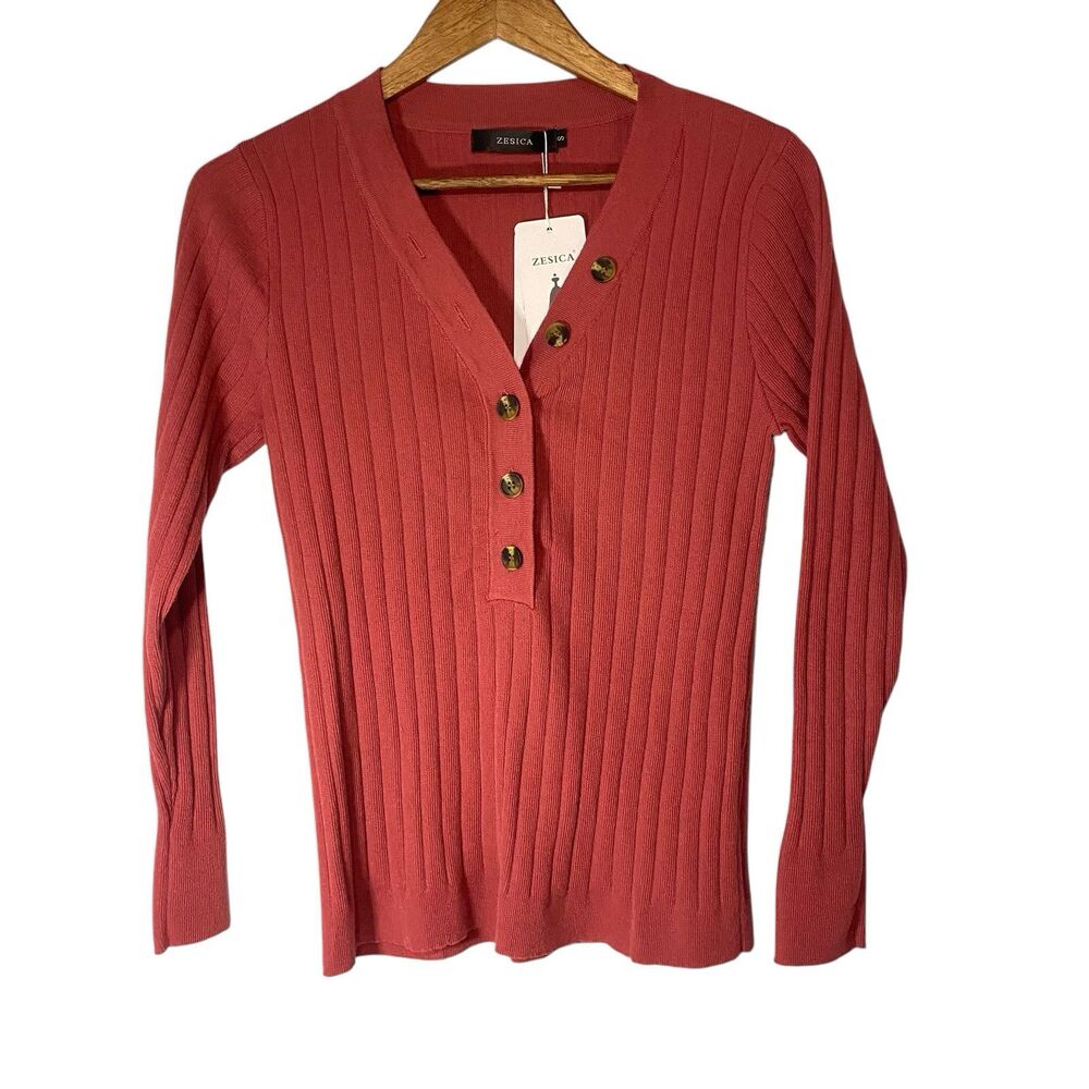 Zesica Sweater Ribbed V-Neck Long Sleeve  Burgundy Size Small NWT